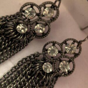 Gunmetal Chain Tassel Fringe Earrings with Cubic Zirconia Crystals